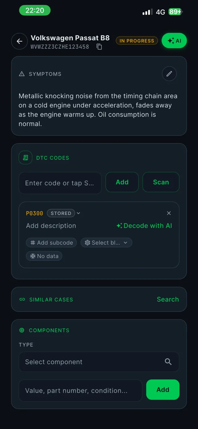 Case symptoms, DTC codes and components