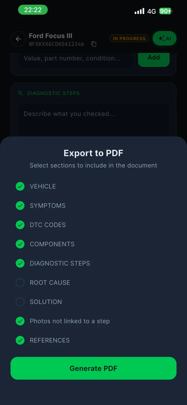 Export case to PDF